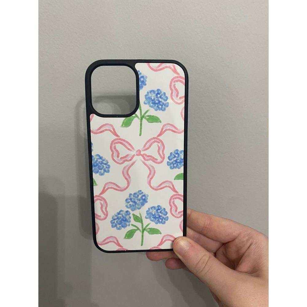 iPhone‎ 12 12 Pro Case Blue Hydrangea Pink Bow Floral Watercolor Black Bumper